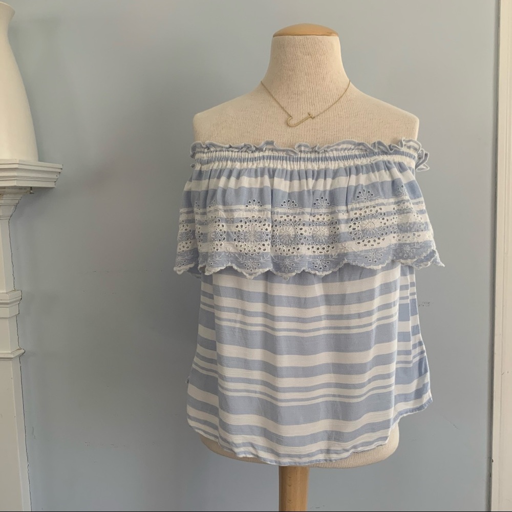 AEO off shoulder eyelet scallop ruffle blue stripe - Picture 3 of 15